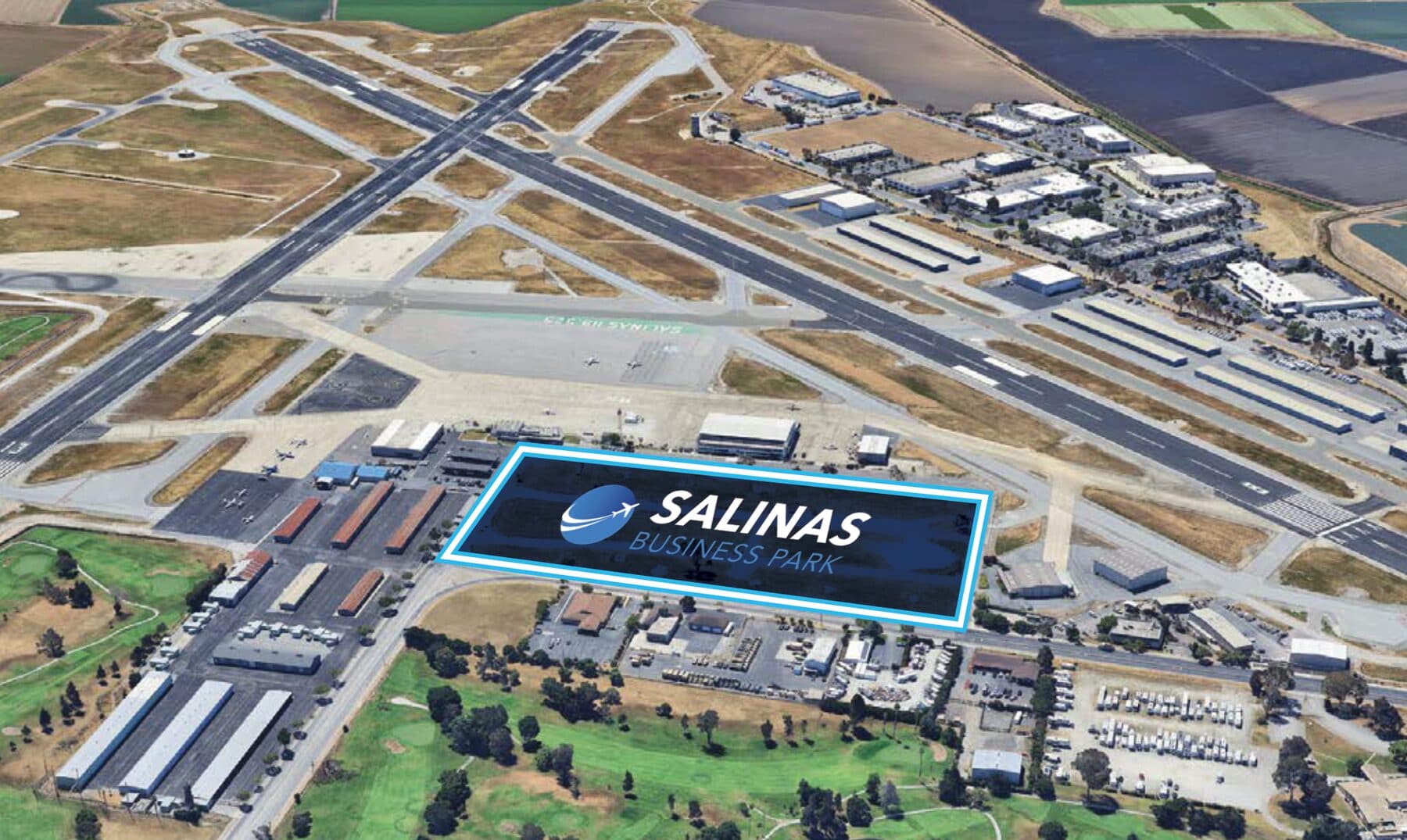 Aerial view of Salinas Municipal Airport with the Salinas Business Park site outlined on the south side